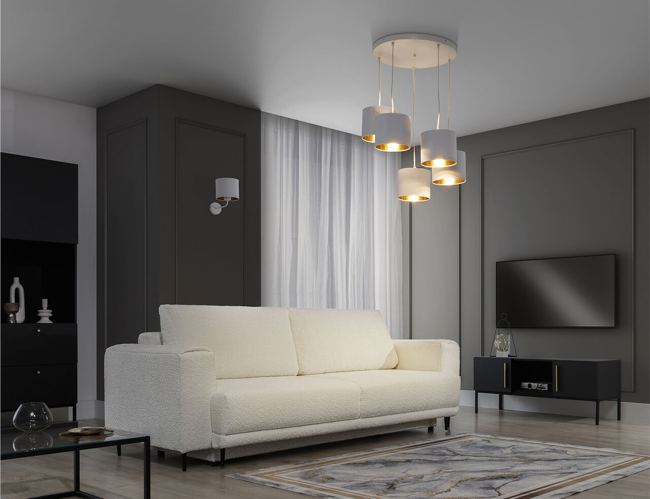 Lustra ELTAP, Vespillo, 58x115 cm, 5xE27, 15W, otel/PVC, alb/auriu - imagine 6